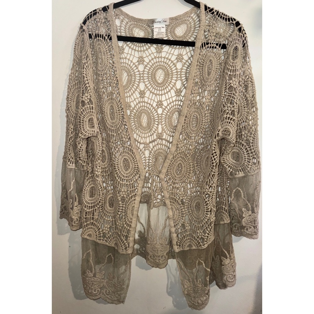 Paisley Vine Mocha Brown Crochet Mesh Open Front Cardigan Boho Cotton One Size